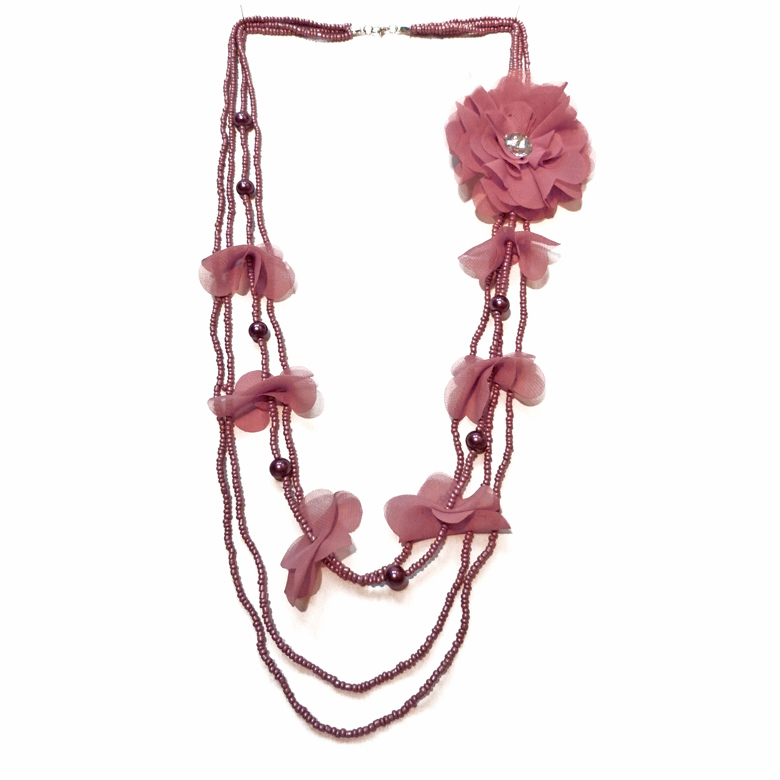 Collier Sautoir Femme Avec Broche Fleur Strass Blanc Et Perles - Couleur Vieux Rose