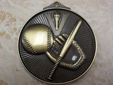 Baseball medal w/ Victory torch, gold, award, 2", w/ red, white & blue ribbon