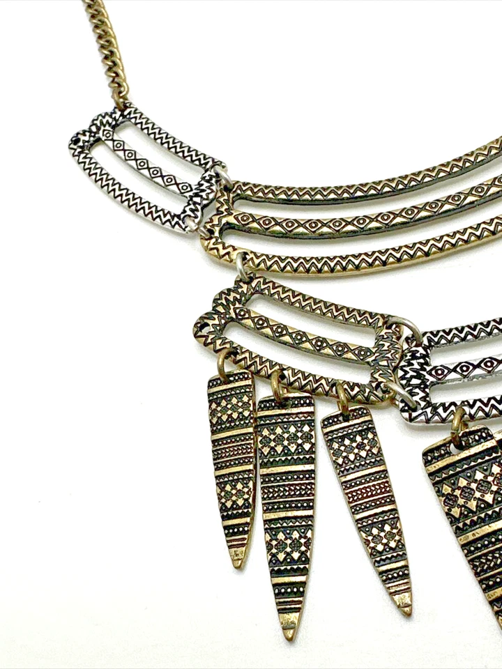 Collar Babero Tribal MUDD De Colección Estilo Boho Tono Plata y Bronce Declaración 18" Foto 4 de 4