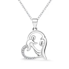 925 Sterling Silver Mother and Child Love Heart Pendant Necklace chain 18" S2