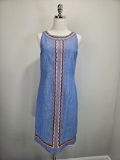 Talbots Womens Linen Scallop Detail Shift Dress 4 Sleeves Banded Neck