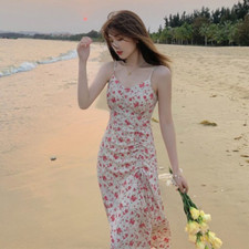 Dress V-neck Floral Strap Slimming and Loose Fitting Medium Length Style