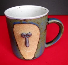 Signed Studio Art Pottery Stoneware Ugly Funny 3D Face Coffee Mug Cup~Blue/Multi