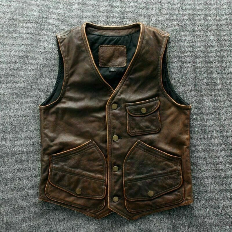 NOORA Men's Leather Antique Brown Vest Coat , Stylish Rider Motorcycle Vest Coat