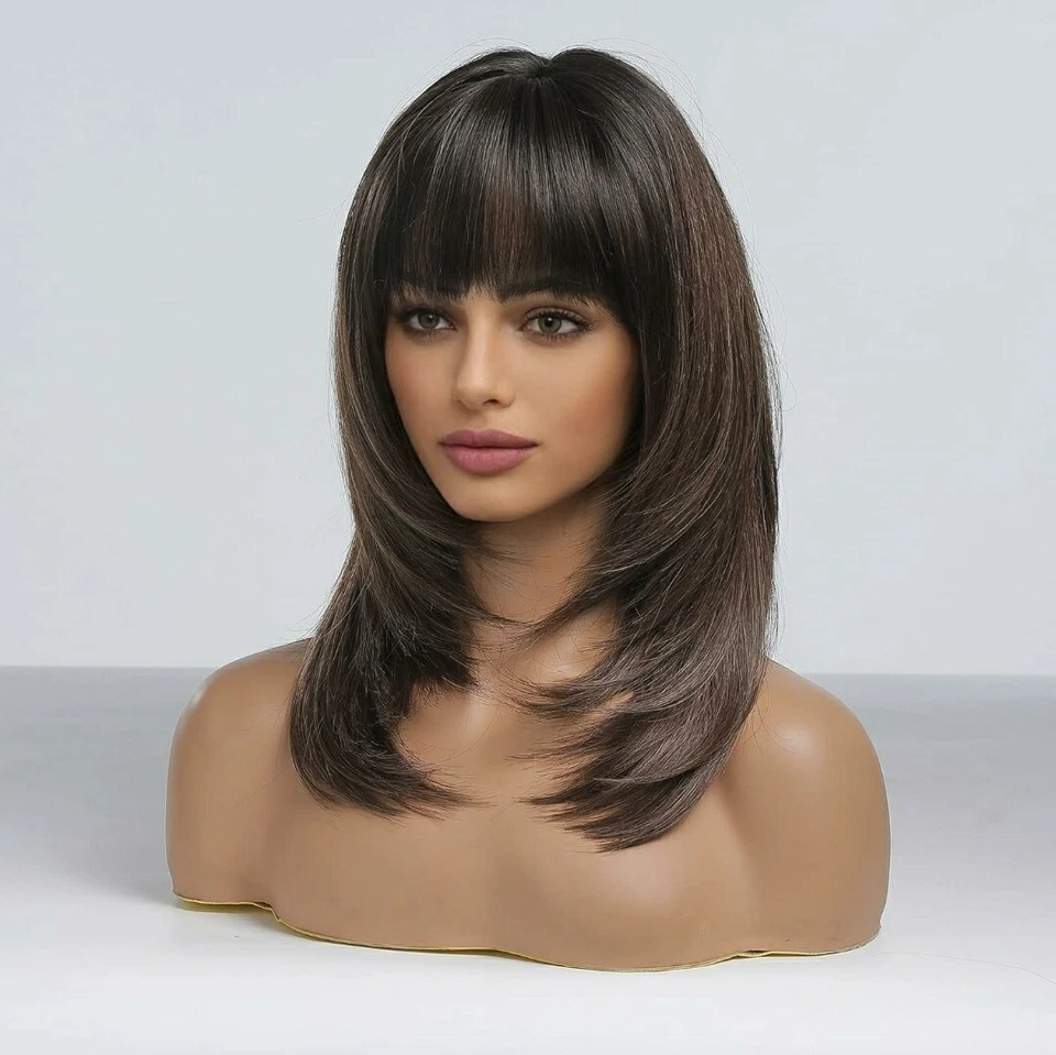 Peluca - Mezcla de Cabello Humano - Largo Recto Capas Marrón Oscuro Brazalete Resistente al Calor Foto 2 de 4