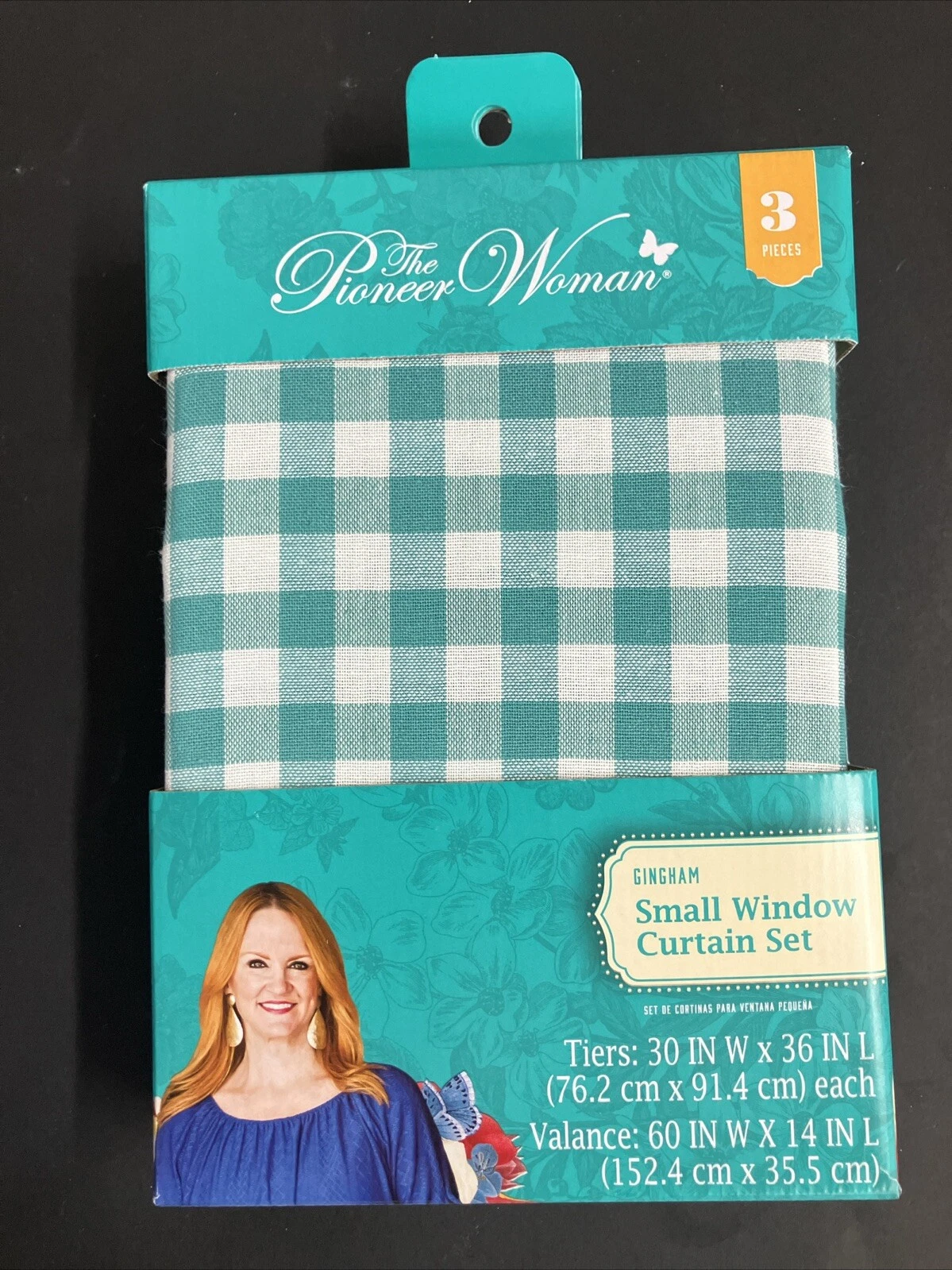 Pioneer Woman Gingham 3-Piece Tier & Valance Small Window Curtain Set Teal White
