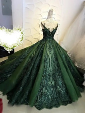 Sparkly Dark Green Sequin Quinceanera Dresses Sheer Short Sleeve Ball Gown Prom