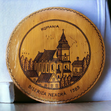 Vintage Romania Biserica Neagra Wooden Decorative Plate Black Church Pyrography