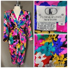 Vintage 1980s Flora Kung Silk Floral Dress Twist Front Size 4/6
