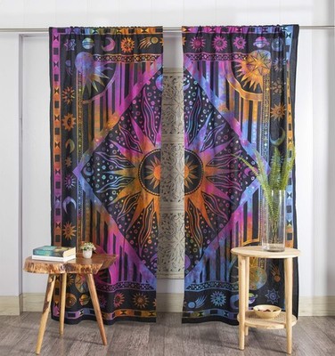 Indian Burning Sun Hippie Mandala Window Curtains - Gypsy Tye Dye Bohemian Su...