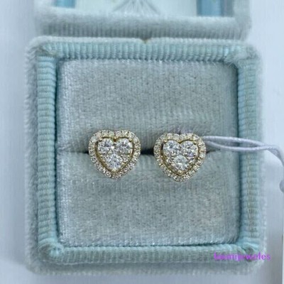 2Ct Cluster Heart Lab-Created Diamond Earrings Halo Studs 14K Gold Over