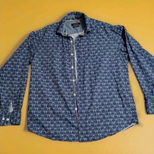 BUGATCHI Men's Classic Fit Blue Geometric Button-Up Shirt M Long Sleeve