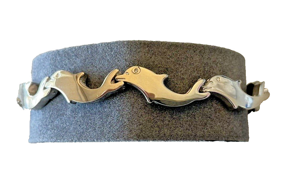 Vintage Solid Sterling Silver Dolphin Link Bracel… - image 1