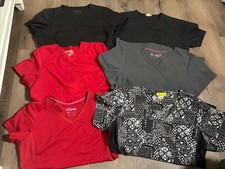 Lot Of 6 Women  s Scrub Tops Black, Red, Grey Medical Nursing