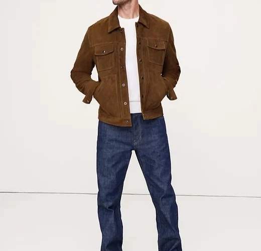 Leather Trucker Jacket for Men Brown Pure Suede Custom Made Size S M L XXL - 348