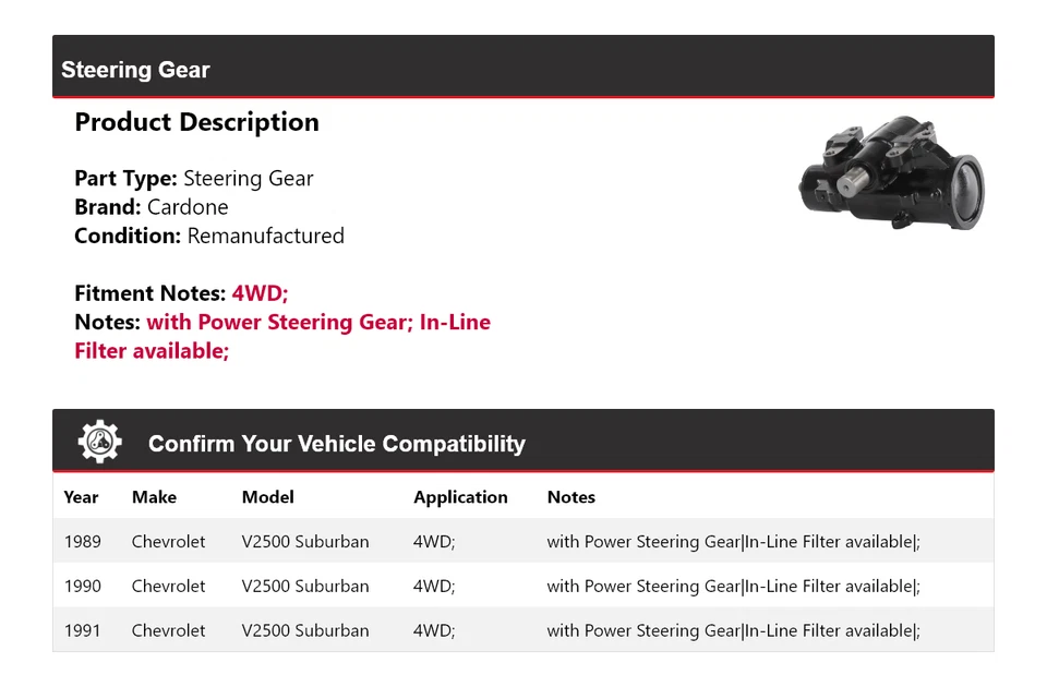 For 1989-1991 Chevrolet V2500 Suburban 4WD Steering Gear Cardone 1990 - Image 2 of 4