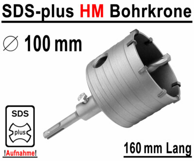 SDS-plus HM Bohrkrone Ø 100mm x 160mm Dosenbohrer Kernbohrer Hartmetall Lochsäge