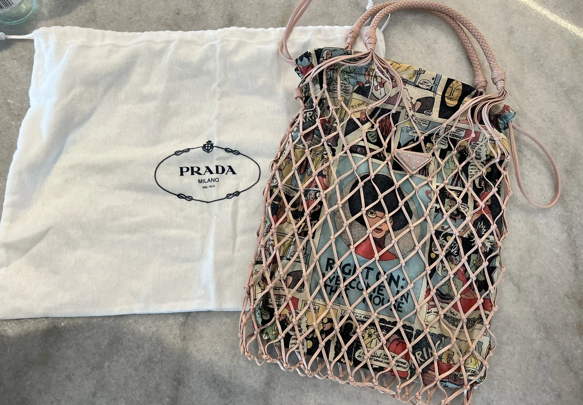 Prada Pink Faux Leather Mesh And Nylon Bucket Bag With Comic Print Slip Bag