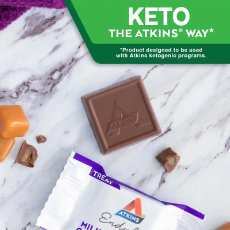 ATKINS Treat, chocolate con leche caramelo cuadrado keto Amigable! SNACK PROTEICO SALUDABLE Foto 4 de 4