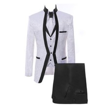 Men Suit Paisley Floral White 4 Piece Party Prom Groom Tuxedo Wedding Custom