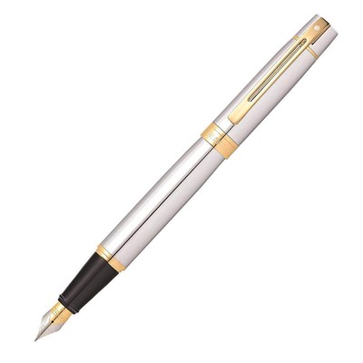 Sheaffer 300 Chrome Fine Fountain Pen with Gold Trim Stylish Modern Silhouette
