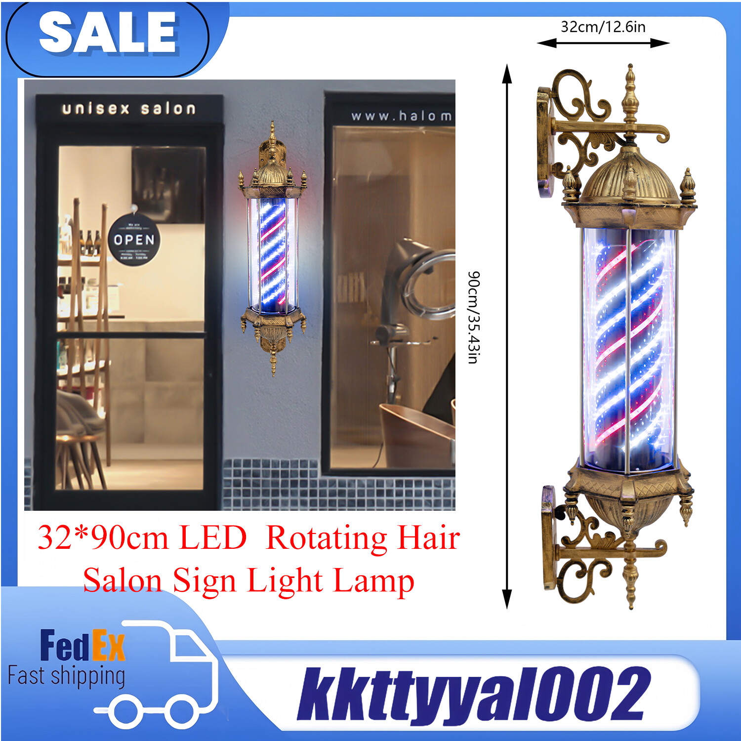 LED Sign Lamp Barber Pole Light Rotating Hair Salon Sign Light Lamp 32*90cm