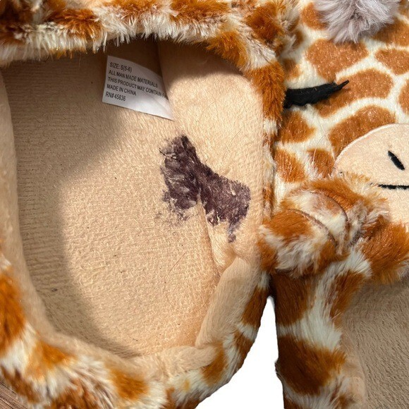 PANTOFOLA D’ORO Pantofole giraffa sfocate taglia small 5 6 peluche ciglia sorridente giallo marrone chiaro