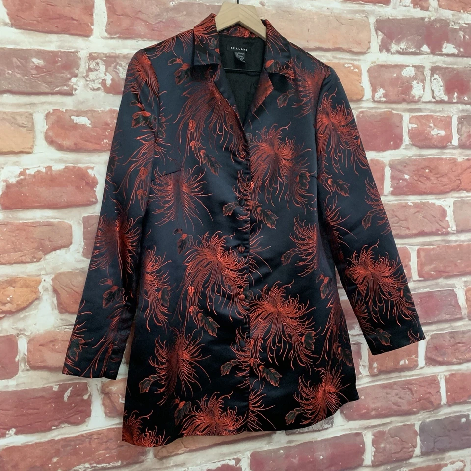 Chaqueta Blazer Silkland Mujer Mediana Negra Roja Satinada Floral Abstracto Jacquard Foto 2 de 4