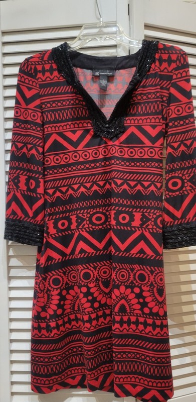INC Red Patterned Sheer Beaded V Neck 3/4 Sleeve Blouse Tunic Size S