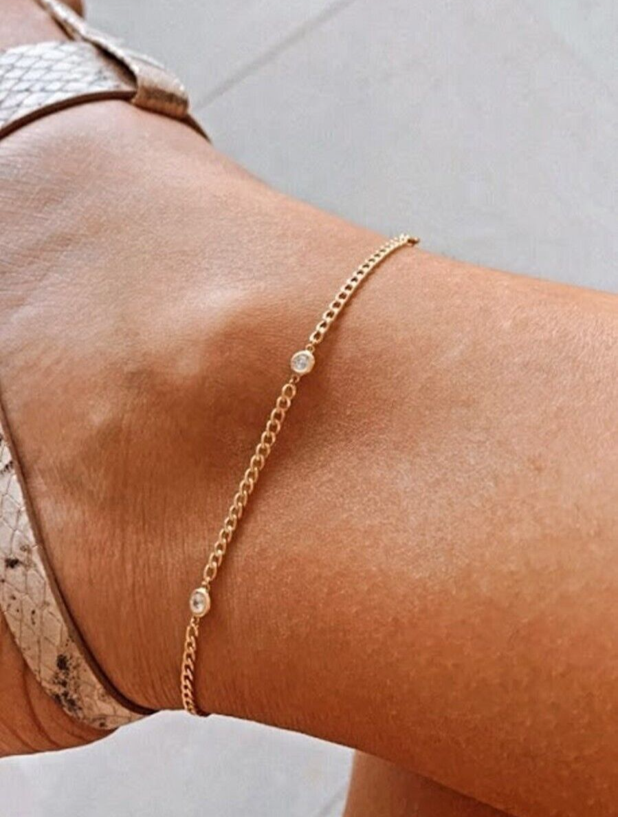 1.25 Ct Round Cut Moissanite Cable Chain Station Anklet 14K Yellow Gold Plated