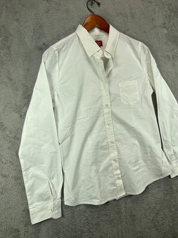 Camisas de trabajo Dickies para mujer grandes blancas manga larga con botones ropa de trabajo bolsillo Foto 3 de 4