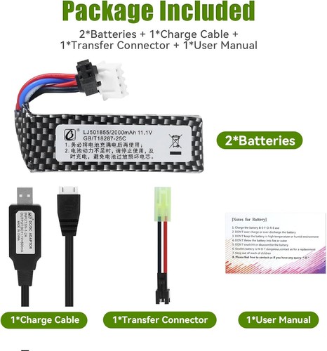 2pcs 11.1V 2000mAh 501855 Toy Li-ion Battery for WPL RES V-3 ESC 1/16 Crawler - Picture 7 of 9
