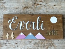 Personalized Wooden Baby Name Sign. Mountains Woodland Nursery Decor. Customized