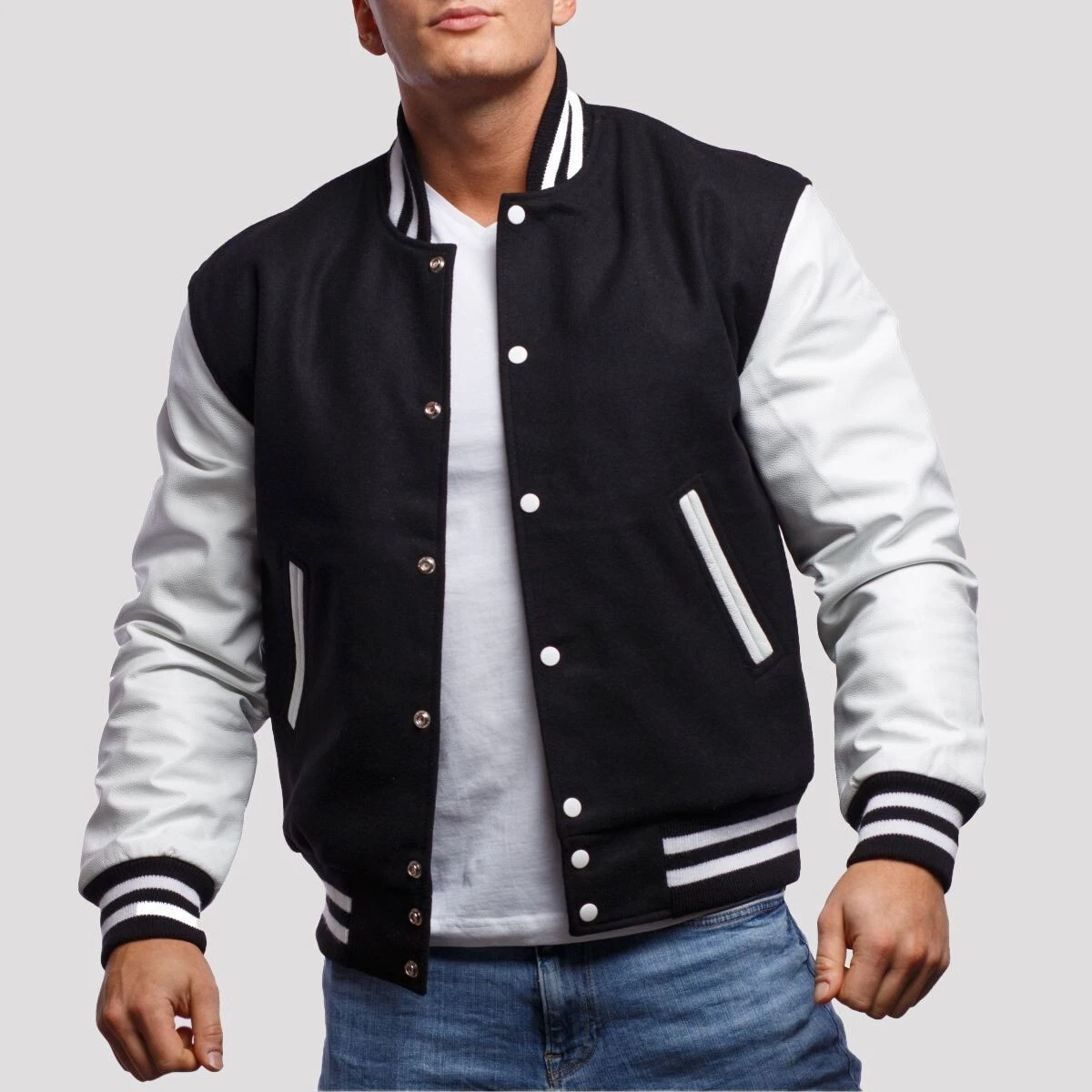 Men's Varsity Jacket - Classic Letterman Style, Wool & Leather, Size XS, S, M, L