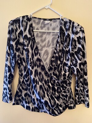 JBS, Black Leopard Print Sequined Top Faux Wrap Gathered Sides L Made In USA!