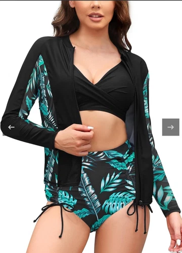 SHEKINI Women's 3 Piece Rash Guard Swimsuits with Twist Front Bikini Top L