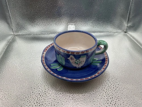 Vietri Solimene Italy Campagna Chicken Cup & Saucer - Blue w Red Dots
