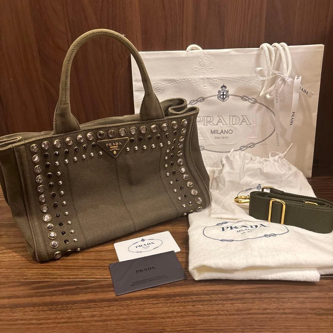 PRADA Canapa Tote Bag Khaki Green Canvas Studded Handbag