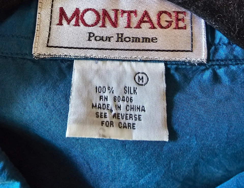Montage Pour Home Silk Fuschia Mens M  Button Up Shirt, teal vintage - Image 3 of 3
