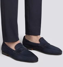 SANTONI ‘Carlos’ Essential Suede Penny Loafers Navy Blue 10 UK/ 11 US $1050+ NEW