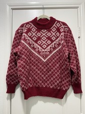 Hilda Ltd Fishermen  s Sweater Pullover Women  s S Wool Nordic Icelandic Red Print