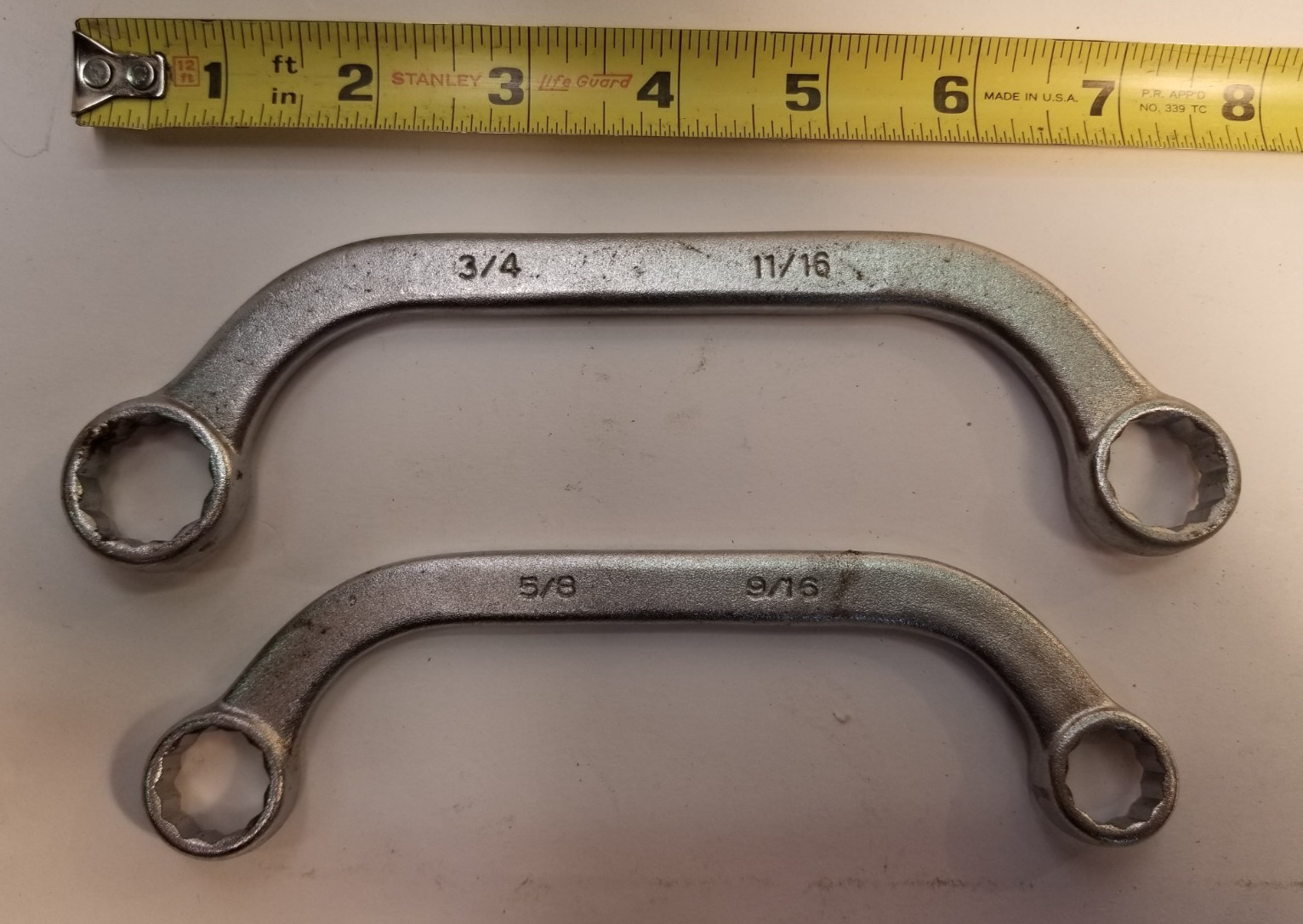 6 Curved Box End Wrenches: 4 S-Shaped, 2 C-Shaped, US Sizes, Double End, Used
