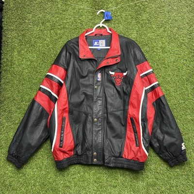 Vintage Chicago Bulls Starter Leather Jacket Mens XL Black Red Full Zip Heavy