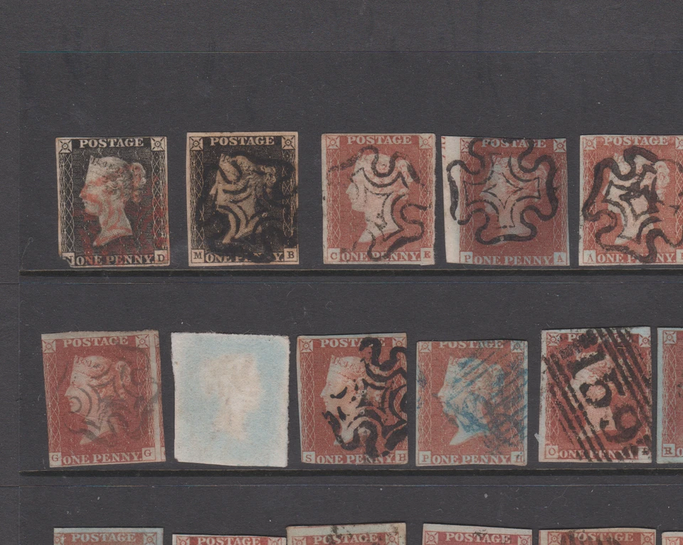 GB QV 1840 SG1/3 1d Penny Black x 2 Plate 6 & 8 1d Reds Maltese Cross & Numerals - Image 2 of 2