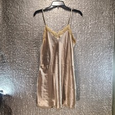 Jones New York Ivory Brown Slip Satin Dress Nightie Medium Chemise Lace Trim