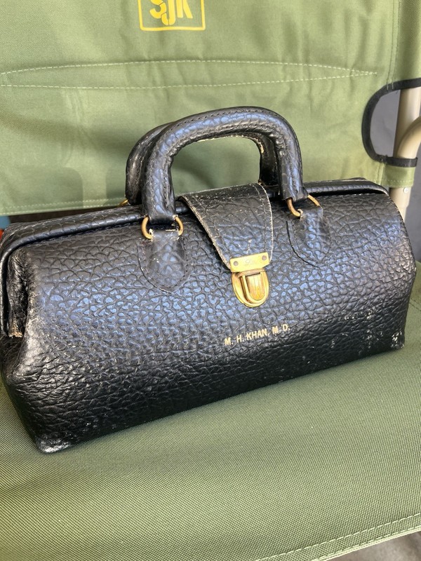Lilly Black Textured Leather Doctor Bag Brass Clasp Engraved M. H. Khan M.D.