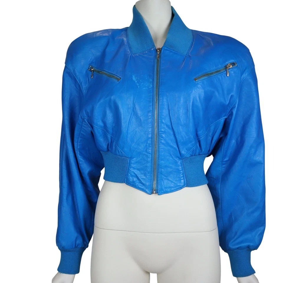 Chaqueta Bomber De Colección Michael Hoban Cuero Eléctrica Azul Años 80 Para Mujer Pequeña Foto 2 de 4