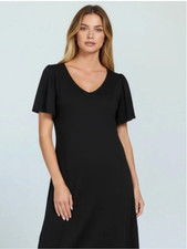 Zenana Women's BLACK Lightweight Stretchy V-Neck Flutter Sleeve Midi Dress Sz S