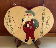 Vintage Handmade Wood JDI Seasons Greeting Heart Christmas Santa Door Plaque