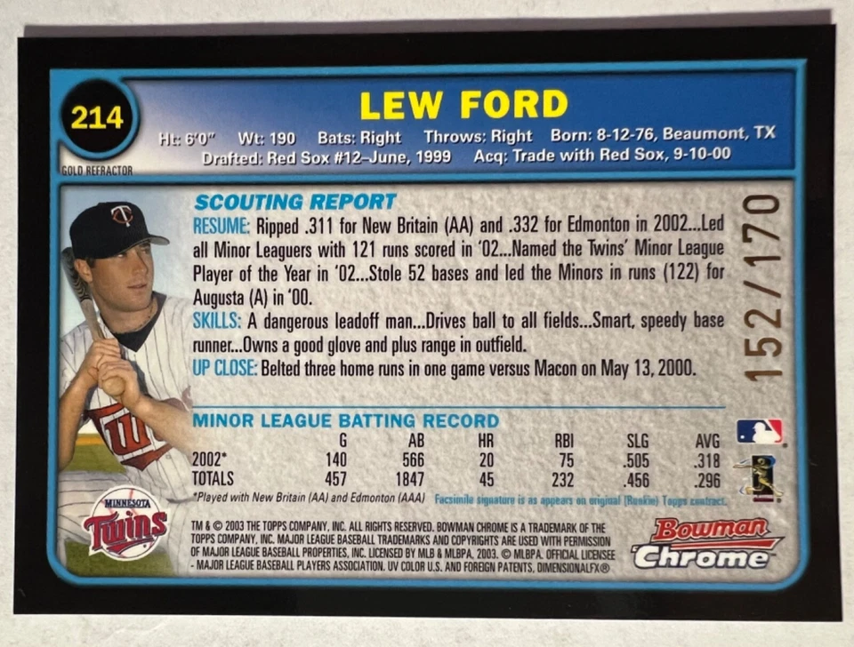 2003 Bowman Chrome Gold Refractors #214 Lew Ford #'d 152/170 Twins - Image 2 of 2